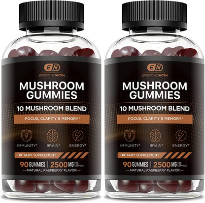 Effective Nutra Mushroom Gummies 10 Blend - Mushroom Complex 2500mg - Mushroom Supplement for Men & Women - Brain Booster, Immune Support, Energy 90ct (2-Pack)