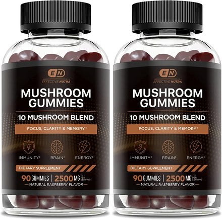 Effective Nutra Mushroom Gummies 10 Blend - Mushroom Complex 2500mg - Mushroom Supplement for Men & Women - Brain Booster, Immune Support, Energy 90ct (2-Pack)