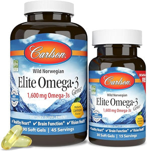 Carlson - Elite Omega-3 Gems, 1600 mg Omega-3 Fatty Acids Including EPA and DHA, Norwegian Fish Oil Supplement, Wild Caught, Sustainably Sourced Capsules, Lemon, 90+30 Softgels in Pakistan