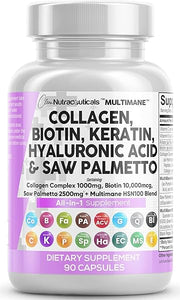 Clean Nutraceuticals Collagen Pills 1000mg Biotin 10000mcg Keratin Saw Palmetto 2500mg Hyaluronic Acid - Hair Skin & Nails Vitamins & DHT Blocker with Vitamin E Folic Acid Pumpkin Seed MSM - 90 Count in Pakistan