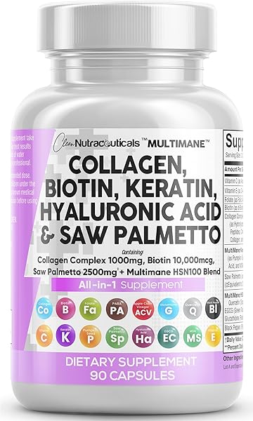 Clean Nutraceuticals Collagen Pills 1000mg Biotin 10000mcg Keratin Saw Palmetto 2500mg Hyaluronic Acid - Hair Skin & Nails Vitamins & DHT Blocker with Vitamin E Folic Acid Pumpkin Seed MSM - 90 Count in Pakistan in Pakistan