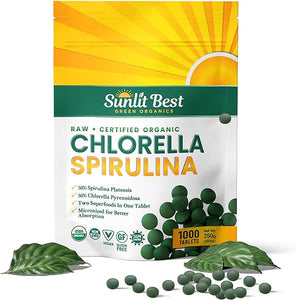 Sunlit Best Organic Burst Chlorella Spirulina Tablets - Pure Superfood Supplement with Blue Green Algae, Chlorophyll & Vegan Protein, Spirulina Chlorella Pills 1000 Tabs in Pakistan