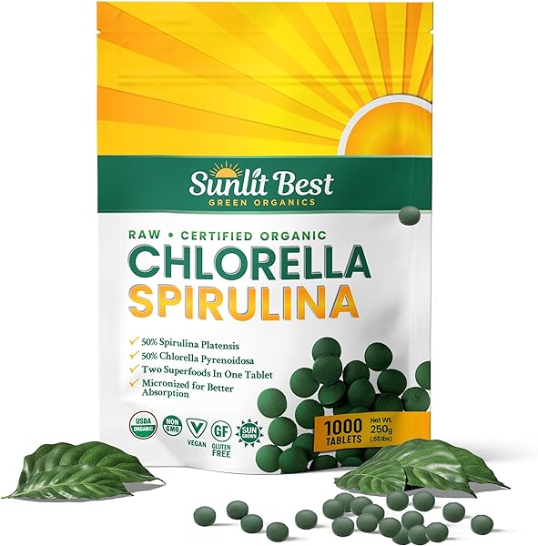 Sunlit Best Organic Burst Chlorella Spirulina Tablets - Pure Superfood Supplement with Blue Green Algae, Chlorophyll & Vegan Protein, Spirulina Chlorella Pills 1000 Tabs in Pakistan in Pakistan