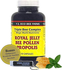 YS Organics Triple Bee Complex, Royal Jelly, Bee Pollen, Propolis - The Power of Nature Packed in 90 Capsules with Bonus worldwidenutrition Multi Purpose Key Chain in Pakistan