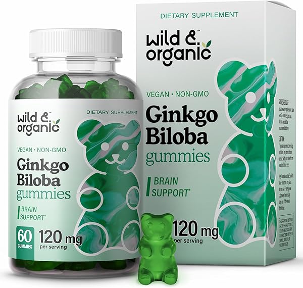 Wild & Organic Ginkgo Biloba Gummies - Brain Supplement & Mental Support Gummy for Better Mood & Focus - Energy Booster Herbal Supplements - Vegan Non-GMO - 120mg, 60 Chews in Pakistan in Pakistan