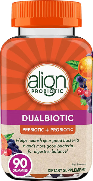 Align DualBiotic, Prebiotic + Probiotic for Women and Men, Help Nourish and Add Good Bacteria for Digestive Support, Natural Fruit Flavors, 60 Gummies