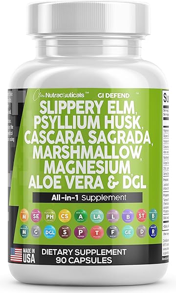 Slippery Elm 5000mg Psyllium Husk 2000mg Pre Probiotic Digestive Gut Health Supplement with Aloe Vera Cascara Sagrada 2000mg Marshmallow Root DGL Licorice Senna Extract - Made in USA 90 Ct in Pakistan in Pakistan