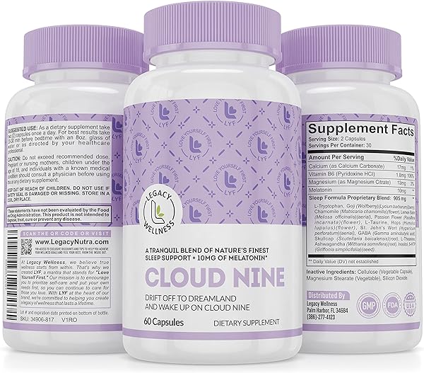 Cloud 9 - All Natural Sleep Aid Supplement - Relaxing Vitamin & Herbal Formula - 10mg Melatonin Calcium Magnisium L-Theanine 5-HTP GABA St. John's Wort Ashwagandha Chamomile & More 60 Vegan Capsules in Pakistan in Pakistan