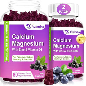 High Absorption Calcium Magnesium Zinc Gummies, Sugar Free Calcium Magnesium Supplement with Potassium Vitamin D3 for Bone & Teeth Strength, Muscle & Nerve Function - Vegan, Blueberry Flavor 120 Cts in Pakistan