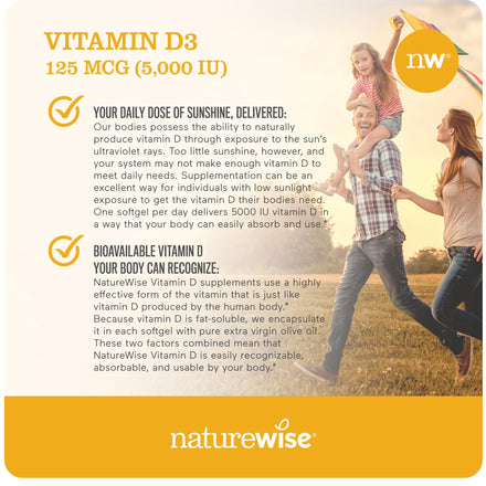 NatureWise Vitamin D3 5000iu (125 mcg) 1 Year Supply for Healthy Muscle Function, and Immune Support, Non-GMO, Gluten Free in Cold-Pressed Olive Oil, Packaging Vary ( Mini Softgel), 360 Count