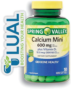 Calcium Supplement 600 mg with Vitamin D3 | Calcium Carbonate | Small Calcium Pills | Calcium Softgels | Includes Luall Sticker + Spring Valley Calcium Plus Vitamin D3 Supplement, 150 Mini Softgels in Pakistan
