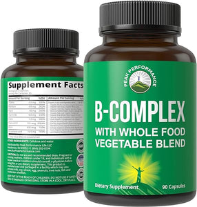 Peak Performance Raw Whole Food Vegan B Complex Supplement. Best B-Complex with Vitamin B1, B2, B3, B5, B6, B7, B9 and B12. Vitamins 90 Capsules. Energy Boost in Pakistan