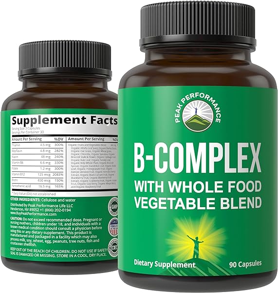 Peak Performance Raw Whole Food Vegan B Complex Supplement. Best B-Complex with Vitamin B1, B2, B3, B5, B6, B7, B9 and B12. Vitamins 90 Capsules. Energy Boost in Pakistan in Pakistan