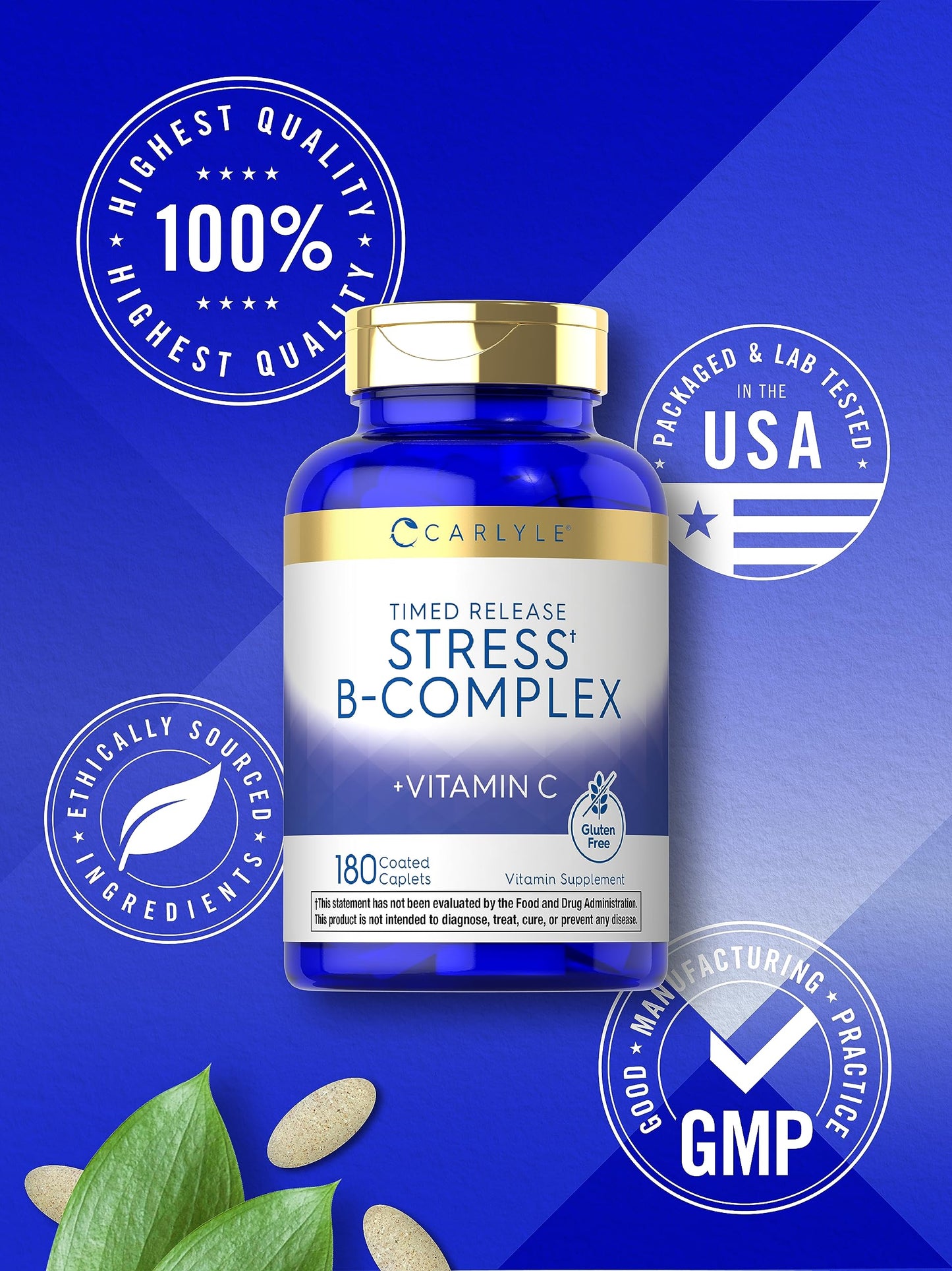 Carlyle Stress B Complex Vitamin Supplement | 180 Caplets | with Vitamin C | Non-GMO and Gluten Free