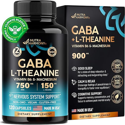 GABA | L-Theanine | Magnesium | Vitamin B6 - Natural Calm | Sleep | Relaxation | Stress Relief Support - Made in USA - 900 mg Blended Supplement - 750 mg Gamma AminoButyric Acid - 120 Vegan Capsules in Pakistan