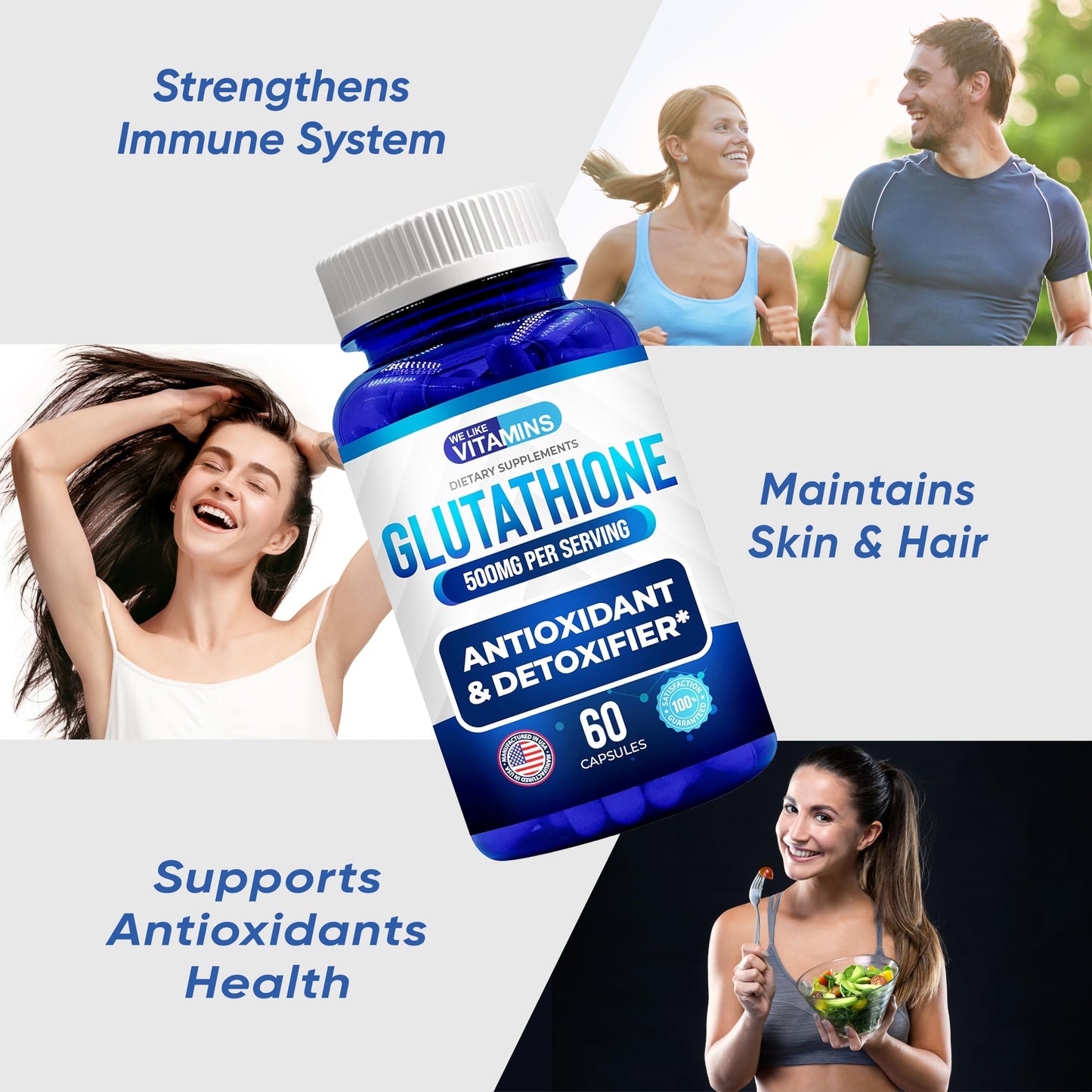 We Like Vitamins Glutathione 500mg Per Serving | Manufactured in USA | 60 Glutathione Capsules | Highly Bioavailable Reduced Glutathione Supplement | Organic L-Glutathione Supplement for Antioxidant