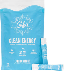 Curly's Clean Energy Caffeine & Electrolyte Sticks - Energize Your Favorite Drink - Keto, Paleo & Whole 30 Friendly - All Natural - No Sugar, No Calories, Non-GMO - 30 Flavorless Liquid Stick Packs