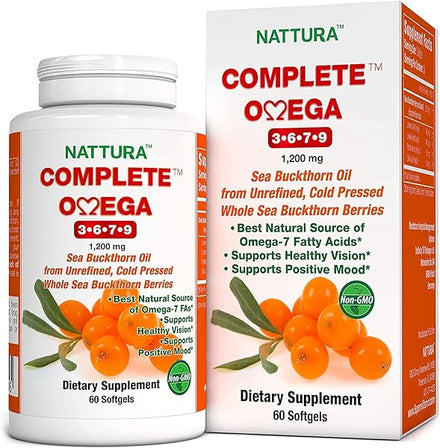 Complete Omega 3-6-7-9, Pure Sea Buckthorn Oil, European Quality, from Unrefined, Cold Pressed Whole Sea Buckthorn Wild Berries - Non-GMO, Certified Kosher, Gluten-Free 1 Bottle - 60 Capsules in Pakistan