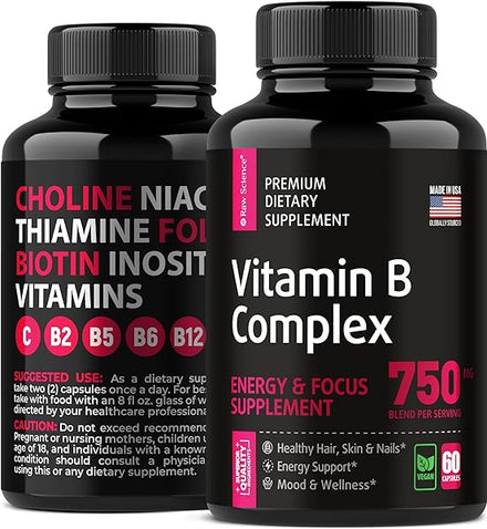 Vitamin B-Complex Capsules - B Vitamins: B1 B2 B3 B5 B6 B7 B9 B12, Biotin, Folic Acid, Vitamin C for Energy & Immune Support Supplement, B Complex for Women & Men's Nervous System, 60 Capsules in Pakistan