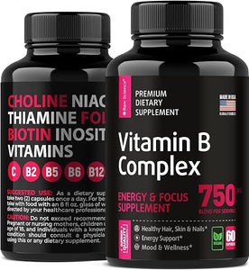 Vitamin B-Complex Capsules - B Vitamins: B1 B2 B3 B5 B6 B7 B9 B12, Biotin, Folic Acid, Vitamin C for Energy & Immune Support Supplement, B Complex for Women & Men's Nervous System, 60 Capsules in Pakistan