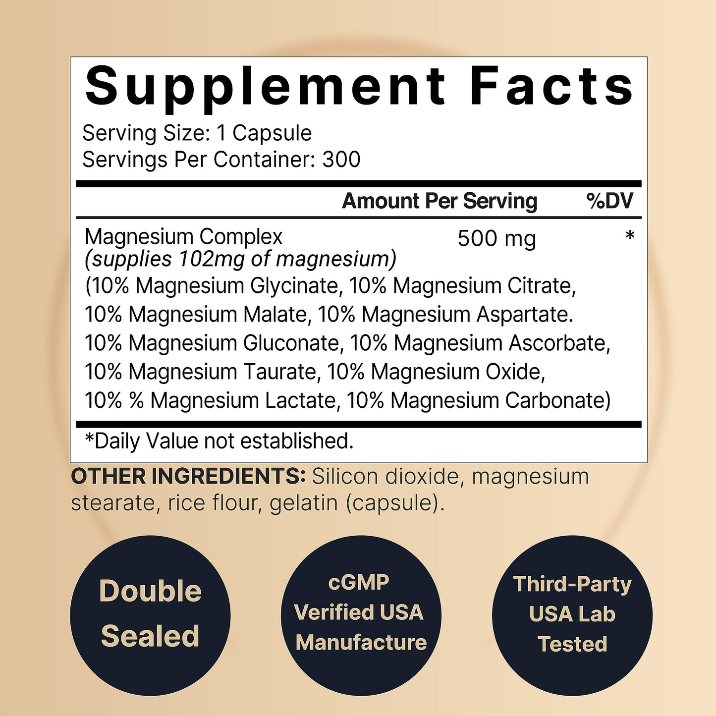 Magnesium Complex Supplement 500mg, 300 Capsules | 10 Active Forms – Glycinate, Citrate, Taurate, Plus More | 100% Chelated & Purified | Bone, Heart, & Muscle Support | Non-GMO