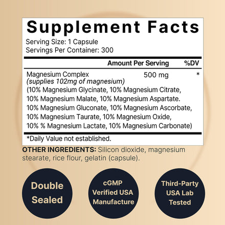 Magnesium Complex Supplement 500mg, 300 Capsules | 10 Active Forms – Glycinate, Citrate, Taurate, Plus More | 100% Chelated & Purified | Bone, Heart, & Muscle Support | Non-GMO
