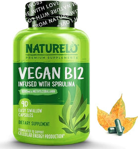 NATURELO Vegan B12 - Methyl B12 with Organic Spirulina - High Potency Vitamin B12 1000 mcg Methylcobalamin - Supports Healthy Mood, Energy, Heart & Eye Health - 90 Capsules in Pakistan