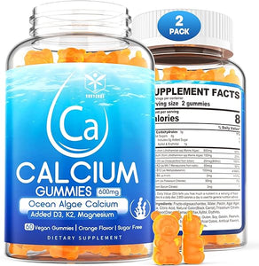 Sugar Free Calcium Gummies 600mg, Ocean Algae Calcium with Vitamin D3, K2, Magnesium, B6, B12, Organic Calcium Supplement for Bone Strength & Teeth Health, Orange Flavor, Vegan, 2 Pack in Pakistan