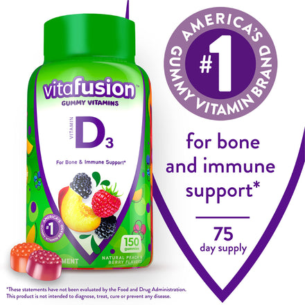 Vitafusion Vitamin D3 Gummy Vitamins for Bone and Immune System Support, Peach, Blackberry and Strawberry Flavored, 50 mcg Vitamin D, 75 Day Supply, 150 Count