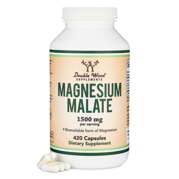 Magnesium Malate Capsules (420 Count) - 1,500mg Per Serving (Magnesium Bonded to Malic Acid), Third Party Tested, Vegan Friendly, Gluten Free, Manufactured in The USA by Double Wood Supplements