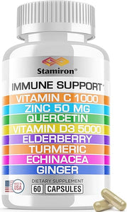 8 in 1 Immune Support with Quercetin Zinc 50mg Vitamin C 1000mg Vitamin D3 5000 IU and Elderberry Echinacea Ginger for Adults Kids - VIT D Immunity Defense Booster Supplement Veg Capsules Made in USA in Pakistan