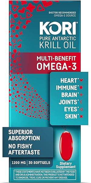 Kori Antarctic Krill Oil Omega-3 1200mg Supplement - Superior Absorption vs Fish Oil/EPA & DHA, Astaxanthin/Supports Heart, Brain, Joint, Eye, & Skin Health / 30 softgels in Pakistan in Pakistan