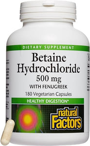 Natural Factors, Betaine HCL 500 mg, Supports Healthy Digestion and a Healthy Microbiome, 180 capsules (180 servings) in Pakistan