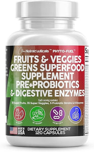 Fruits and Veggies Supplement Reds & Green Superfood - A Natural Balance of Over 70 Fruit and Vegetable Supplements Capsules with Probiotics Prebiotics Digestive Enzymes Nature Spirulina -120 Ct USA in Pakistan