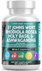 Clean Nutraceuticals St Johns Wort 10000mg Rhodiola Rosea 20000mg Holy Basil 3000mg Ashwagandha 6000mg - Mood Support for Women and Men with Vitamin C & Black Pepper Extract - Made in USA 90 Caps in Pakistan