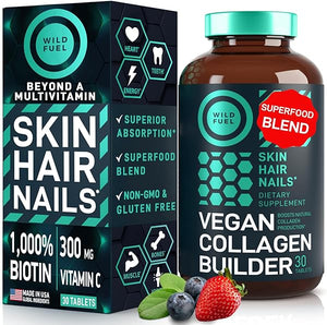 Vegan Collagen Builder Tablets - Cruelty-Free Vegan Collagen Supplements - Organic Plant Based Collagen Booster for Younger-Looking Skin, Strong Hair, Nails, Joints - 30 Non-GMO Biotin Collagen Pills in Pakistan