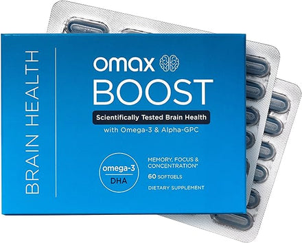 Omax Boost Alpha GPC Brain Health Supplement with Omega 3 DHA +, Focus, Performance, Mood, Immunity, Aging | 60 Softgels in Pakistan