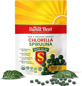 Sunlit Super 50/50 Organic Chlorella Spirulina Tablets - Super Greens Supplement for Immune Support, Gut Health, Mood & Energy - Rich in Chlorophyll, Amino Acids & Vegan Protein, 1000 Superfood Tabs in Pakistan