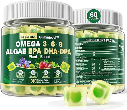 Sugar Free Algae Omega 3 Gummies, Vegan Omega 3 6 9 Supplement Fish Oil Alternative for Women & Men & Kids, Algae Based 150 mg DHA EPA DPA Fatty Acids for Brain, Joint, Eye, No Fishy Taste, 60 Counts in Pakistan