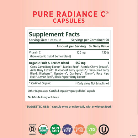 PURE SYNERGY Pure Radiance C | Organic Vitamin C Capsules | 100% Natural, Whole Food, Non-GMO Supplement with Camu Camu Extract | for Immune and Collagen Support (90 Capsules)