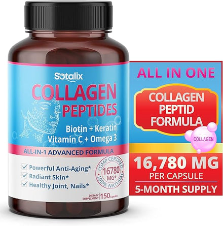 Collagen Peptides 16,780 mg with Biotin + Keratin, Vitamin C + Omega 3 - Radiant Skin, Healthy Joint, Nails - USA made & tested (150-day supply) in Pakistan