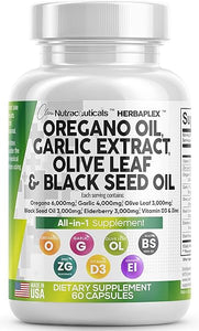 Oregano Oil 6000mg Garlic Extract 4000mg Olive Leaf 3000mg Black Seed Oil 3000mg - Immune Support & Digestive Health Supplement for Women and Men with Vitamin D3 and Zinc - Made in USA 60 Caps in Pakistan