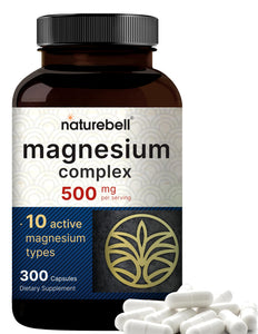 Magnesium Complex Supplement 500mg, 300 Capsules | 10 Active Forms – Glycinate, Citrate, Taurate, Plus More | 100% Chelated & Purified | Bone, Heart, & Muscle Support | Non-GMO