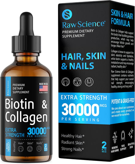 Liquid Collagen & Biotin Drops for Hair Growth - Natural Biotin and Collagen Vitamins for Skin, Hair, and Nail Health for Women & Men - Made in USA – No GMO’s, Responsibly Sourced Biotin Supplement