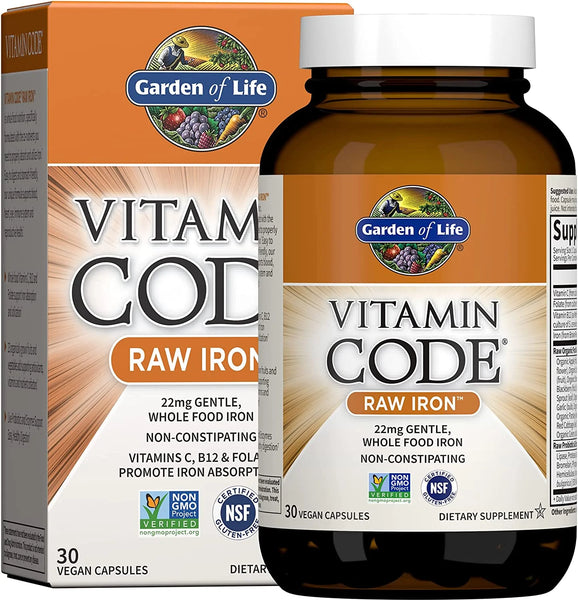 Garden of Life Vitamin Code Raw Iron Supplement - 30 Vegan Capsules, 22mg Once Daily Iron, Vitamins C, B12, Folate, Fruit, Veggies & Probiotics, Iron Supplements for Women, Energy & Anemia Support in Pakistan