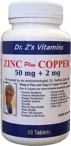 Dr. Z's Vitamins: Zinc Plus Copper - 50 MG of Chelated Zinc and 2 MG of Copper - Supports: Energy, Immune System, Skin & Hair, Glucose Metabolism, Eye and Brain - 60 Easy to Swallow Tablets in Pakistan