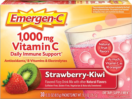Emergen-C 1000mg Vitamin C Powder for Daily Immune Support Caffeine Free Vitamin C Supplements with Zinc and Manganese, B Vitamins and Electrolytes, Super Orange Flavor - 30 Count