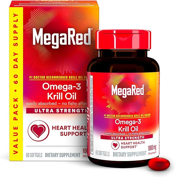 MegaRed #1 Doctor Recommended Krill Oil Brand - 1000mg Omega 3 Supplement with EPA, DHA, Astaxanthin & Phospholipids, Supports Heart, Brain, Joint and Eye Health, No Fish Aftertaste 60 Softgels in Pakistan in Pakistan