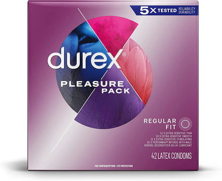 Durex Pleasure Pack Assorted Condoms, Natural Rubber Latex Condoms for Men, Regular Fit, FSA & HSA Eligible, 42 Count (Packaging may Vary)
