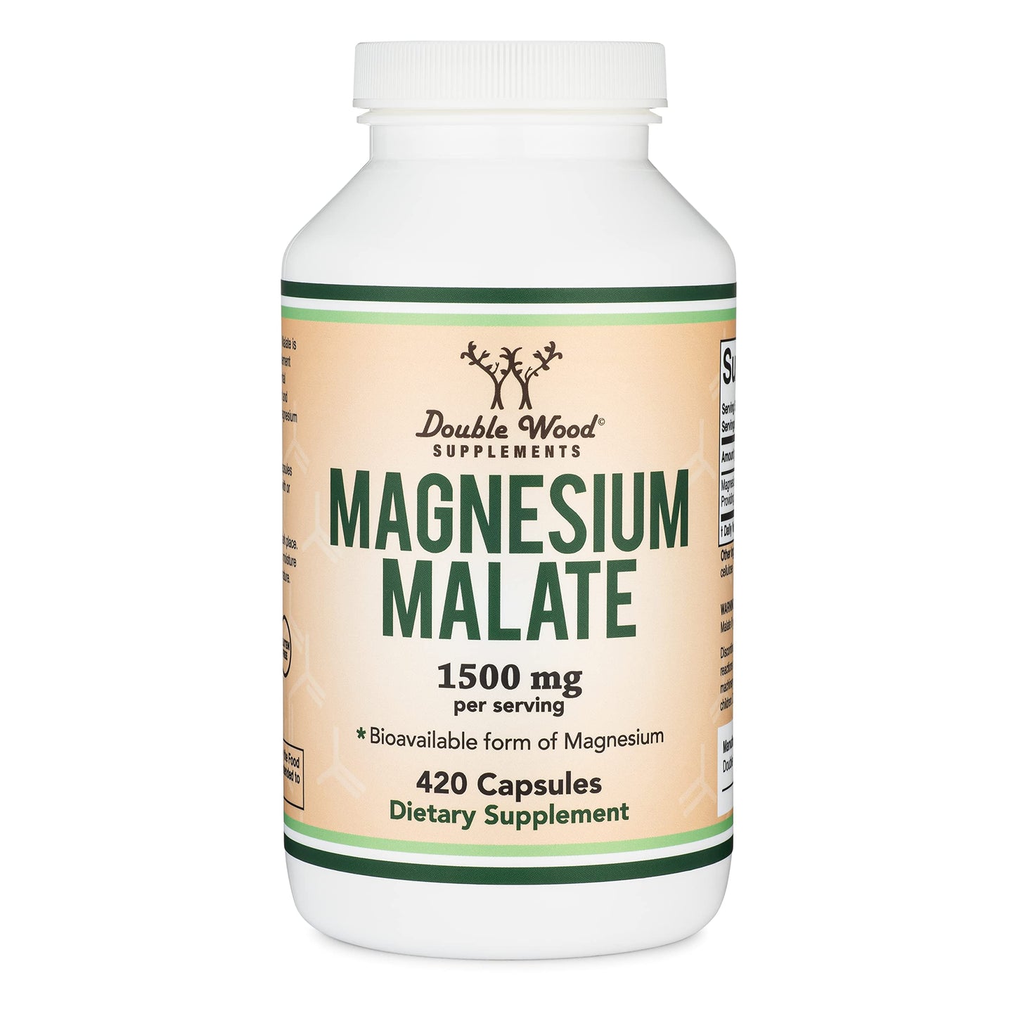 Magnesium Malate Capsules (420 Count) - 1,500mg Per Serving (Magnesium Bonded to Malic Acid), Third Party Tested, Vegan Friendly, Gluten Free, Manufactured in The USA by Double Wood Supplements